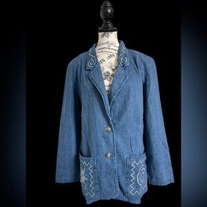 Vintage City Girl Sport Denim Blazer Jacket Western Aztec Embroidered Sz 8 Women